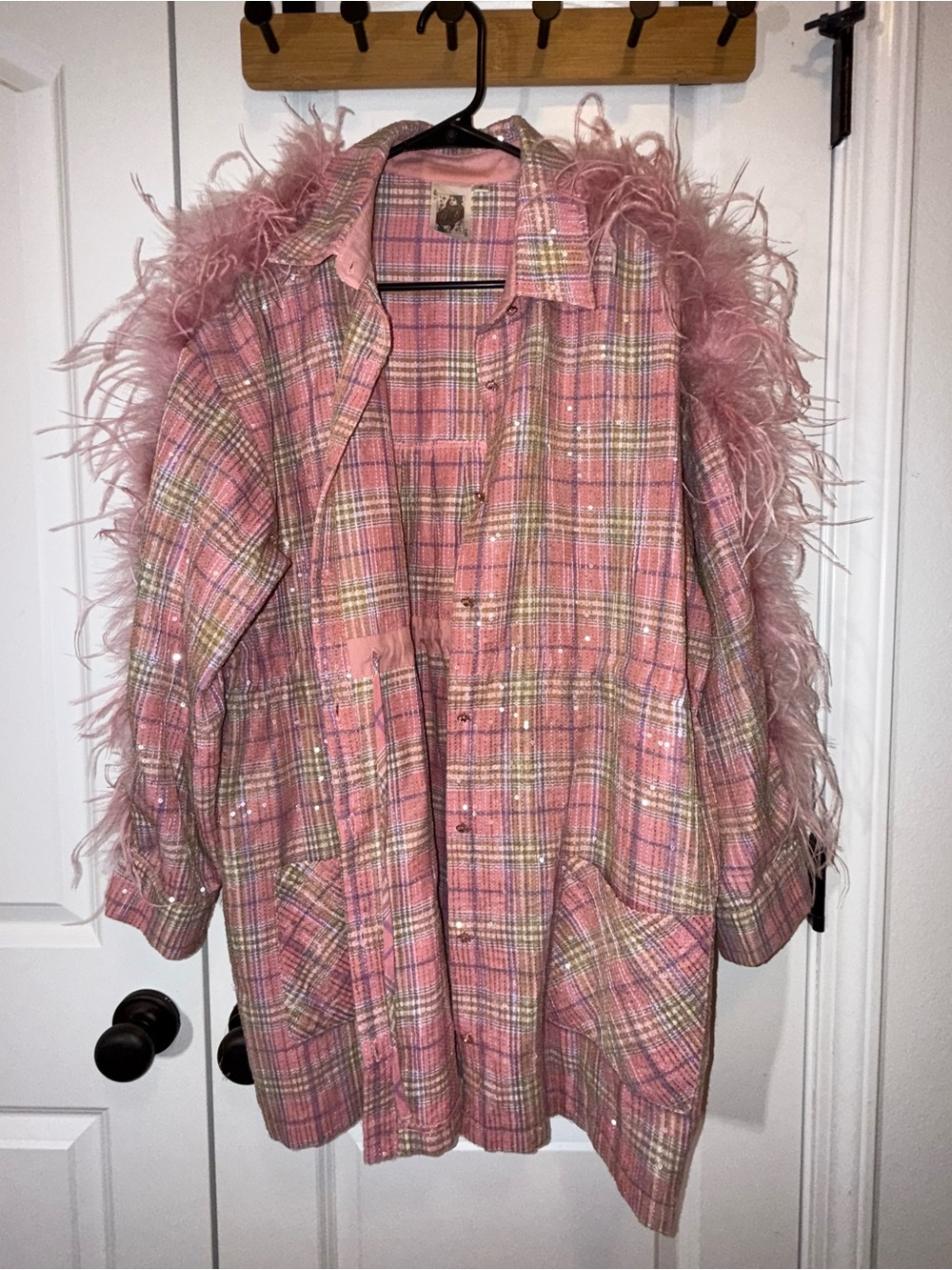 Queen of Sparkles | Pink Flannel Feather Dress | Size Small - Picture 3 of 16